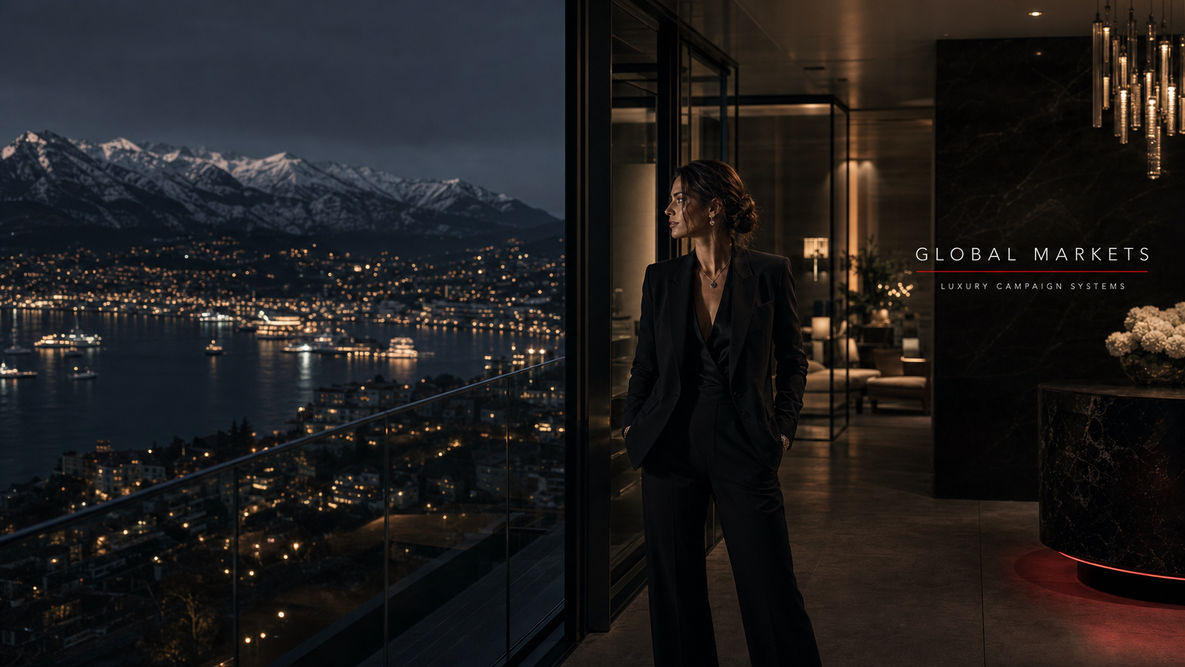 Global luxury markets campaign image with alpine city, marina, private hotel interior, and premium campaign atmosphere