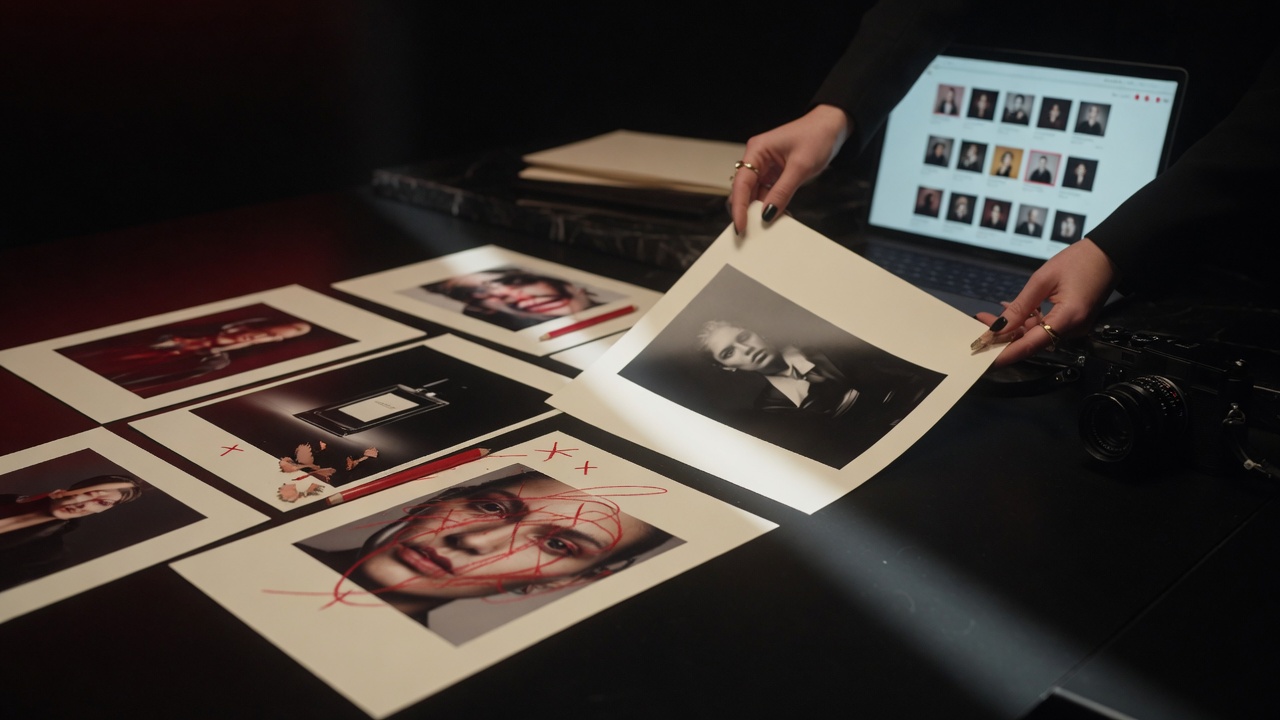 Luxury campaign prints, camera, and casting references on a black studio table.