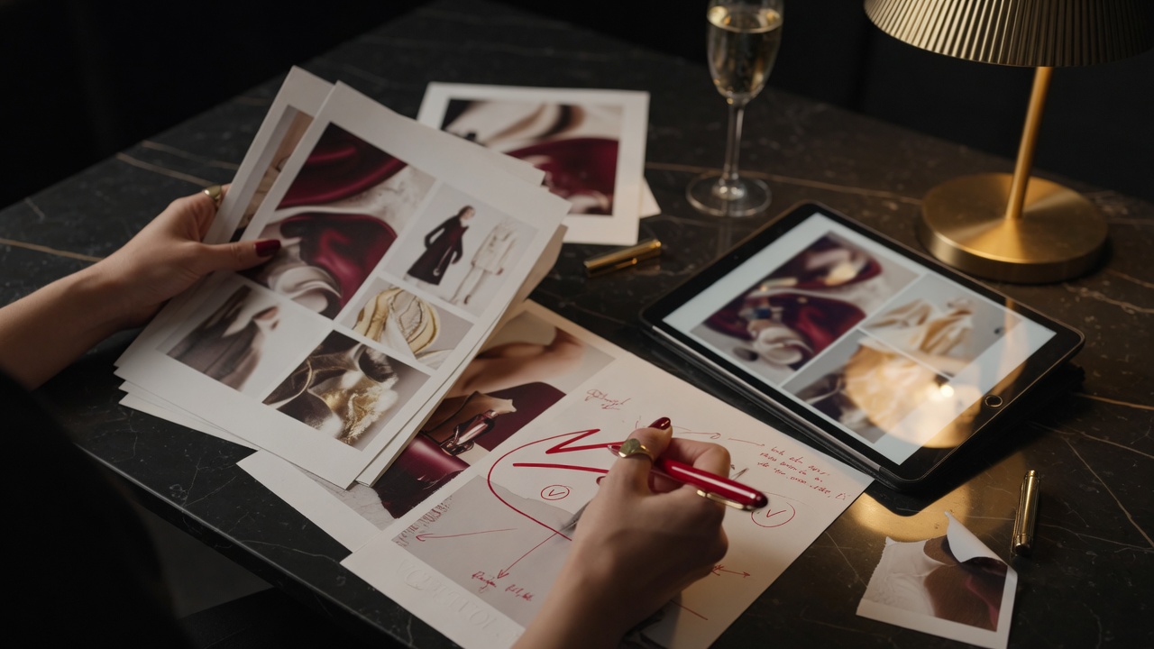 Luxury campaign planning desk with printed visuals, tablet, red annotations, and warm lamp light.