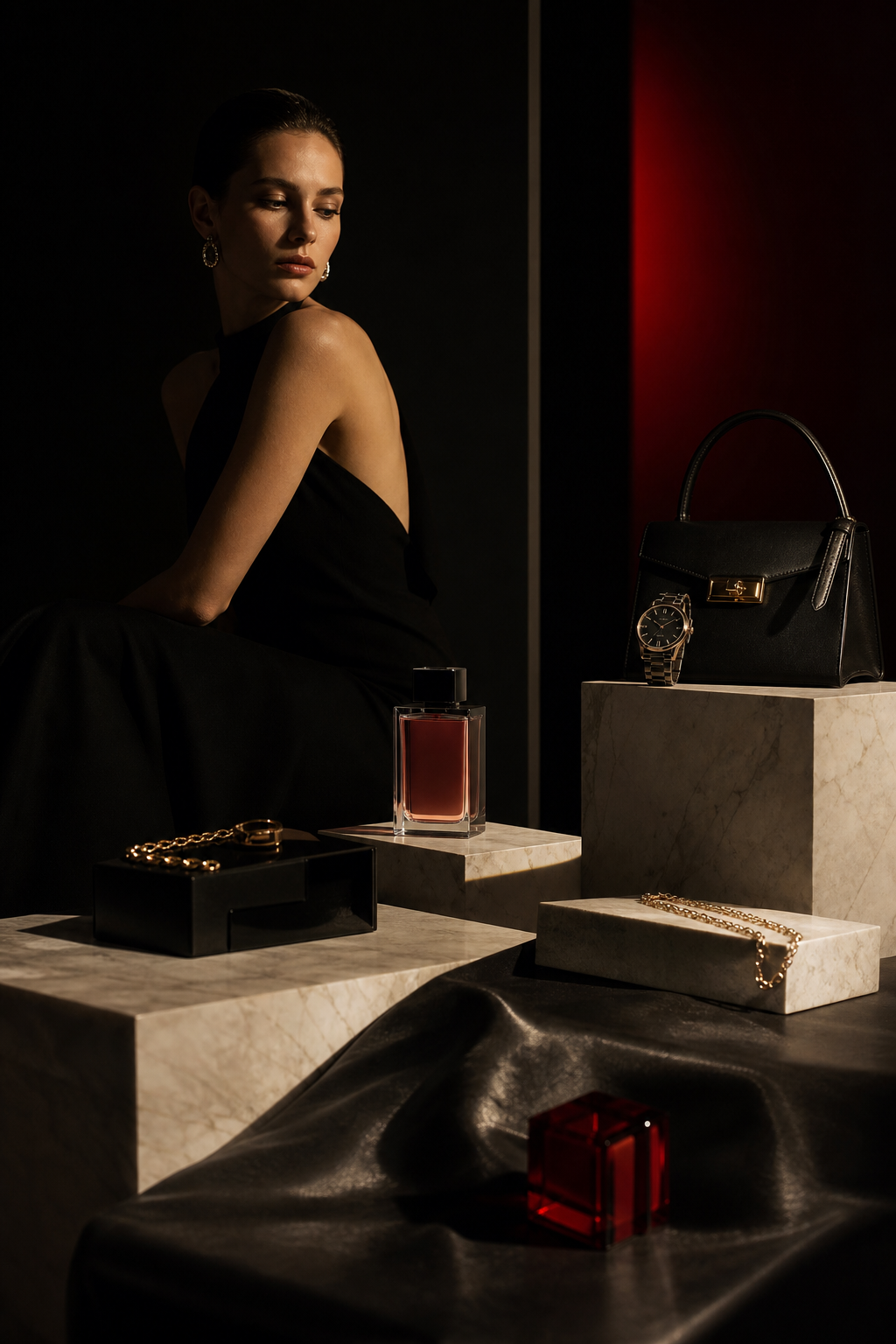 Luxury campaign world with fashion model, fragrance, watch, leather goods, jewelry, marble, and red signal light by Ribbsaeter Advertising