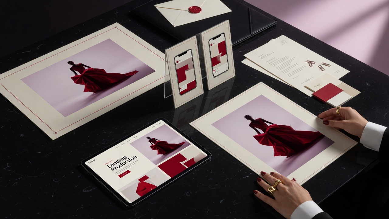 Client presentation campaign delivery table with finished luxury marketing visuals