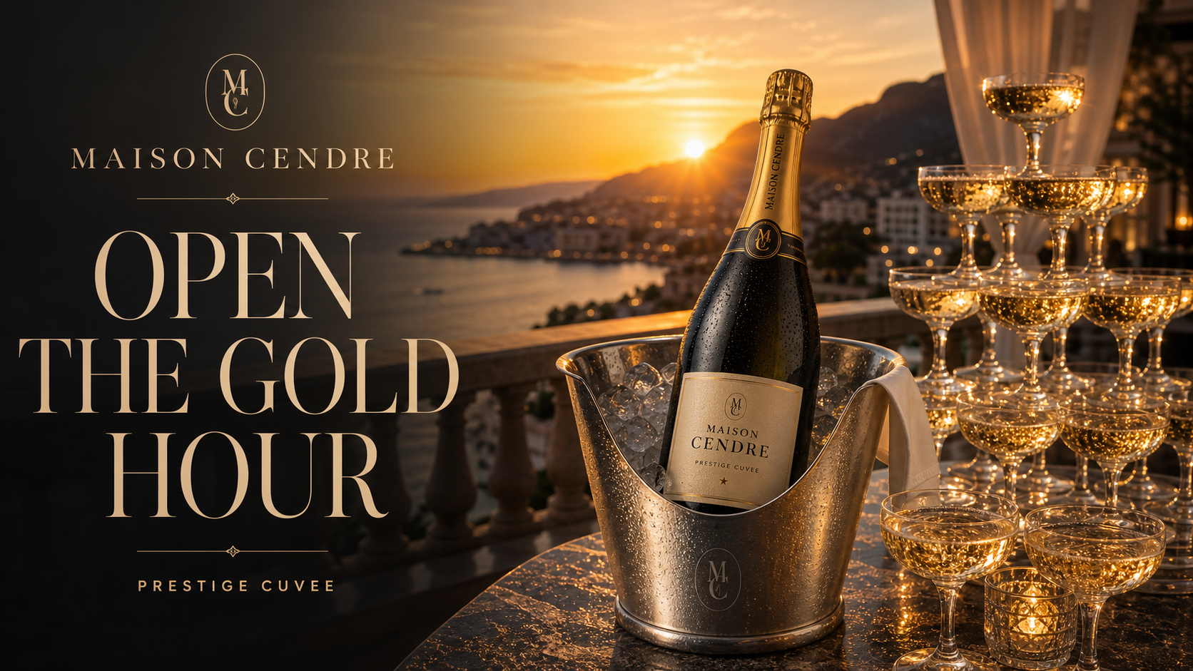 Maison Cendre Open The Gold Hour Champagne Campaign 16x9 widescreen Ribbsaeter Advertising campaign