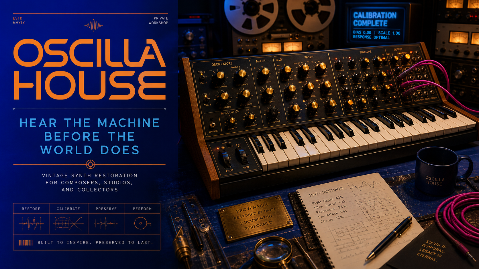 Oscilla House Hear The Machine Vintage Synth Campaign 16x9 by Ribbsaeter Advertising, Private Wealth, Culture & Events campaign image