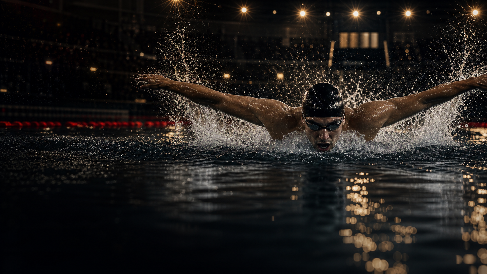 Elite swimmer performing butterfly stroke under dramatic arena lights.