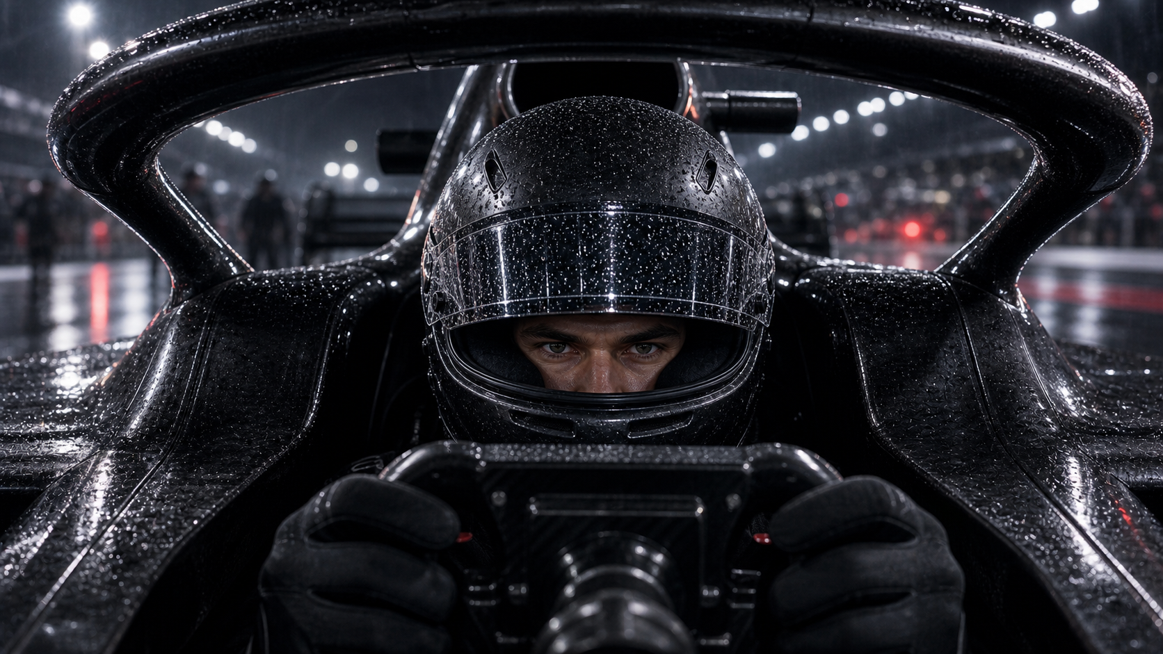 Formula One style driver and race car on a wet night circuit.