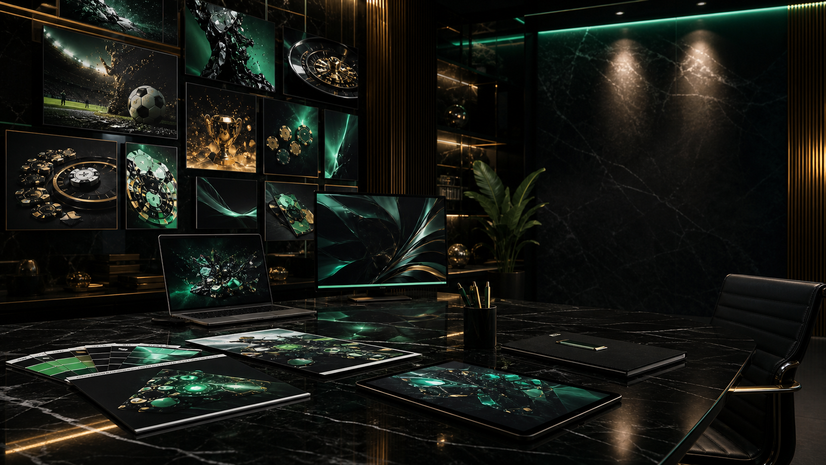 Premium creative studio wall with emerald campaign screens, iGaming launch visuals, and operator-ready assets.