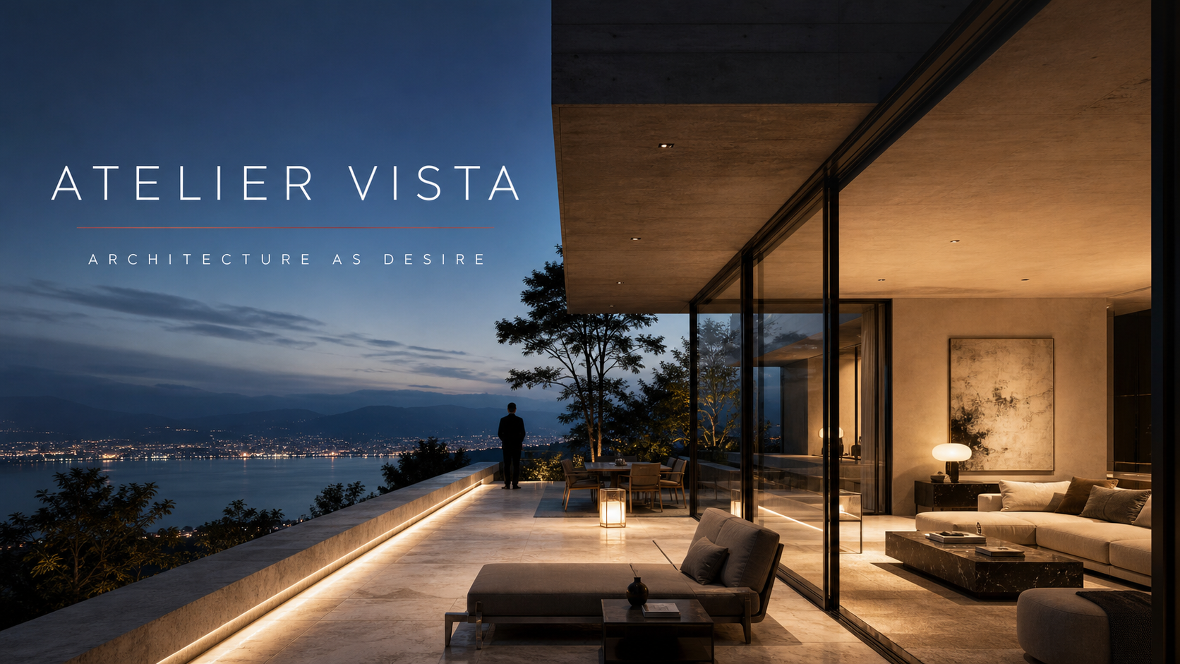 Atelier Vista architecture campaign image with modern villa, pool, mountains, and premium interior advertising direction