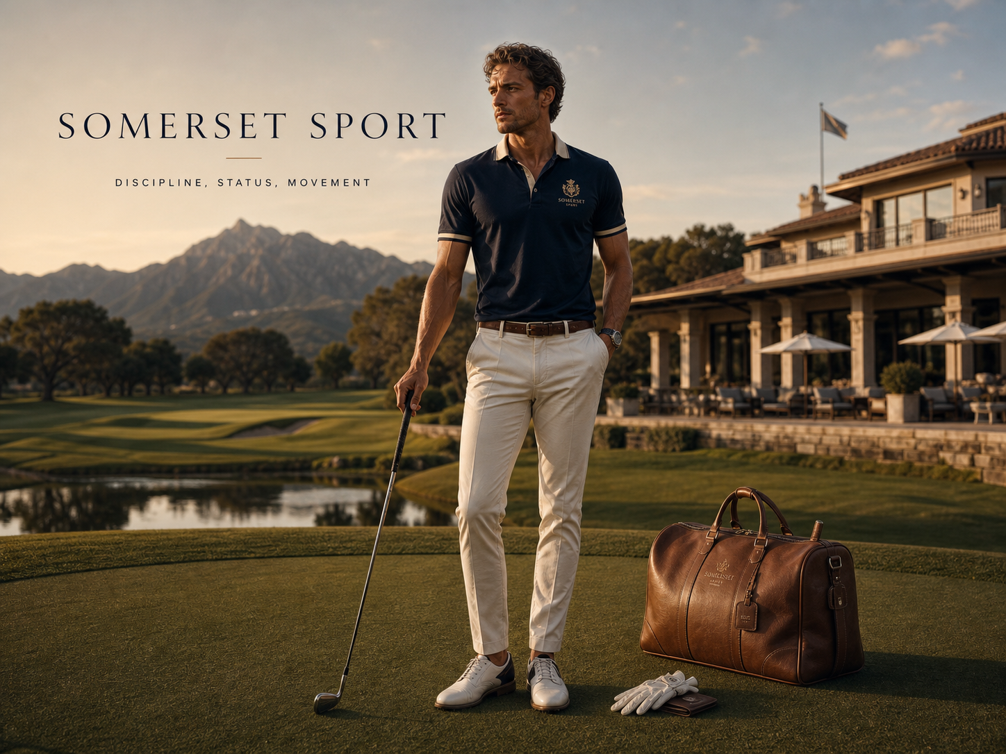Premium sport and golf campaign image with full-body luxury performance styling and private alpine course atmosphere