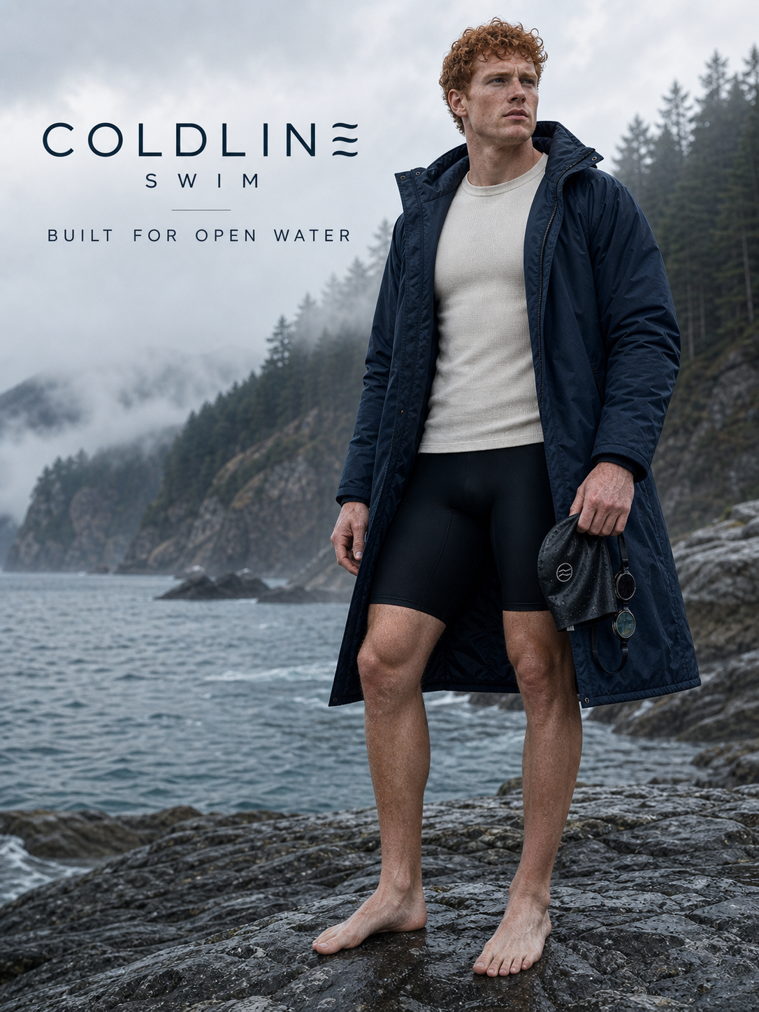 Premium wellness campaign image with athletic model and cold-water recovery atmosphere